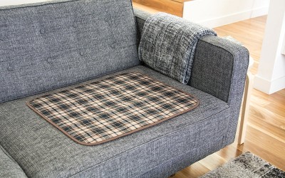 Conni Chair Pad in Tartan on Grey Couch